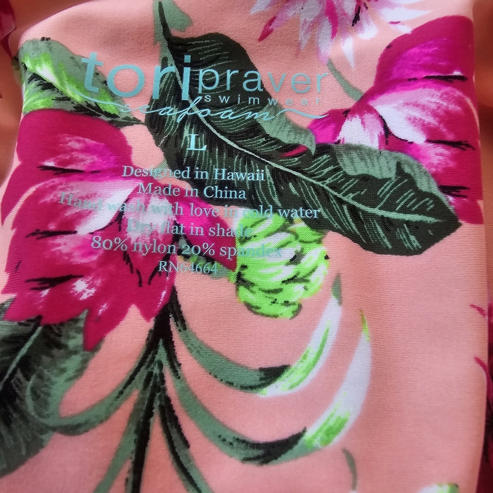 Tori Praver Racerback One Piece Swimsuit- Bright Floral Hawaiian Size L - Picture 9 of 10
